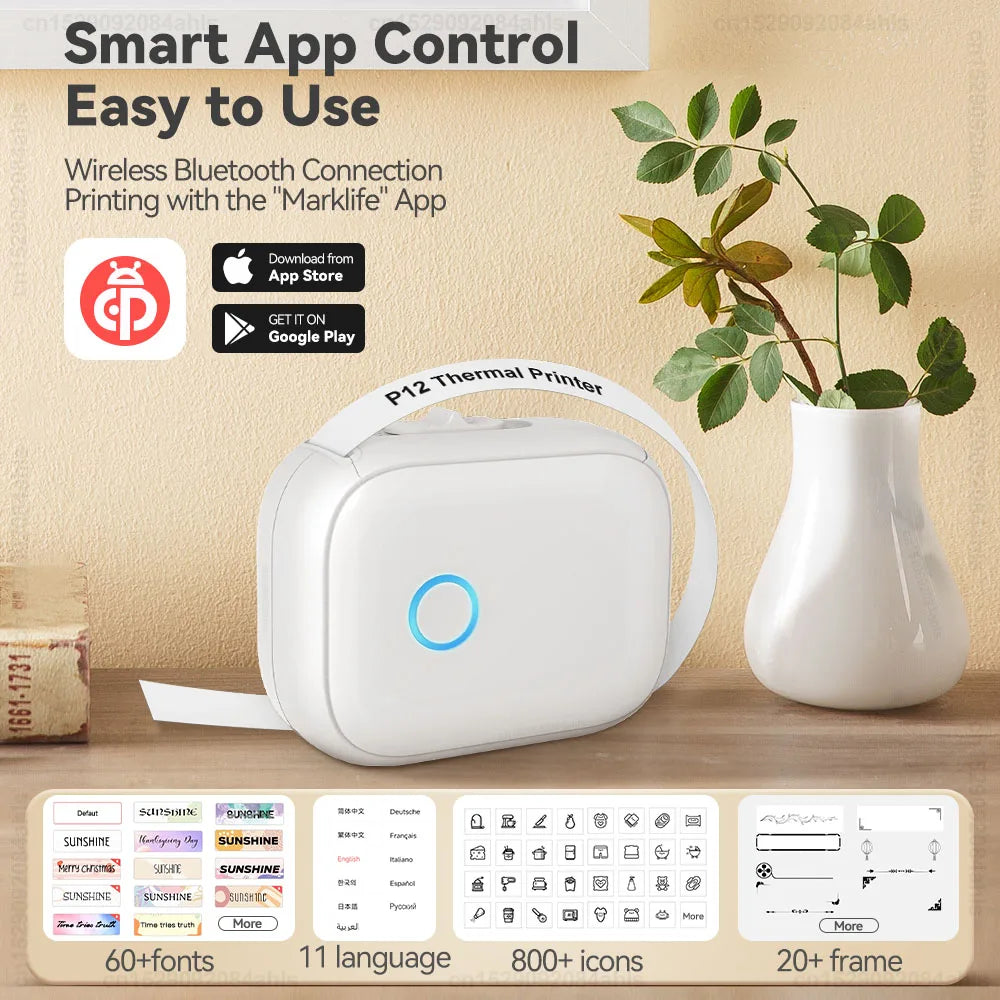 Marklife P12 Label Printer Bluetooth Wireless Thermal Printer Mini Portable Sticker No Ink Label Maker or 1PK Continues Labels